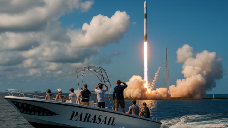 A rocket launches over the Atlantic, seen from a parasail boat off Cape Canaveral.